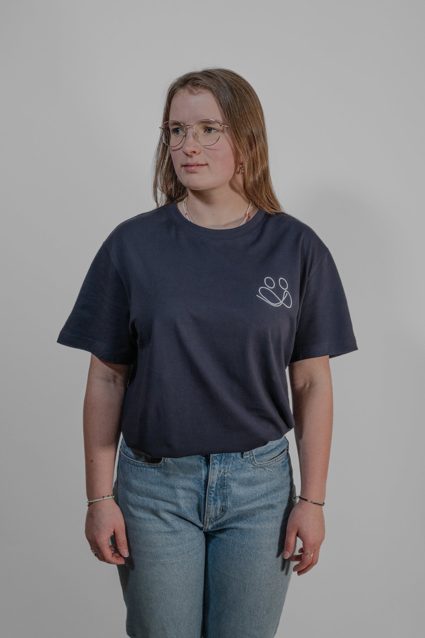 navy T-shirt with white embroidery
