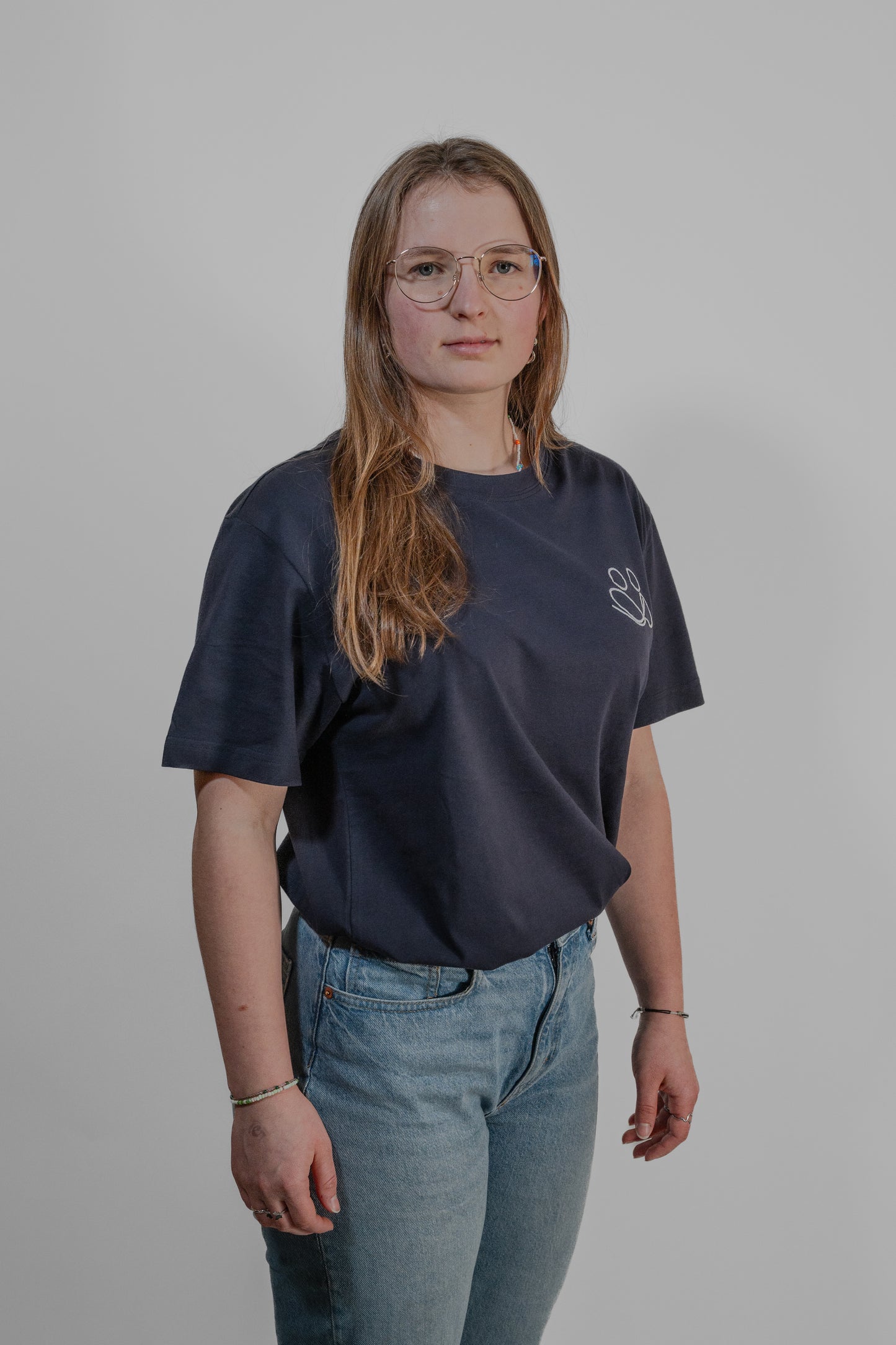 navy T-shirt with white embroidery