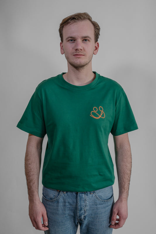 green T-shirt with orange embroidery