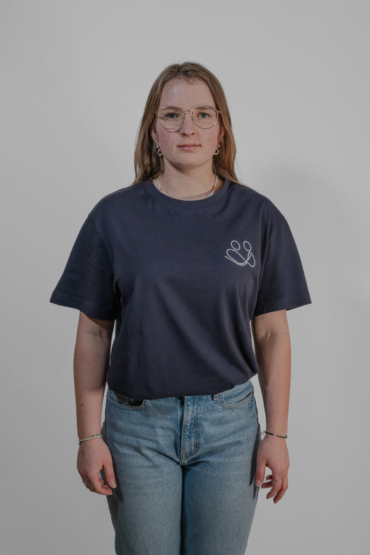 navy T-shirt with white embroidery
