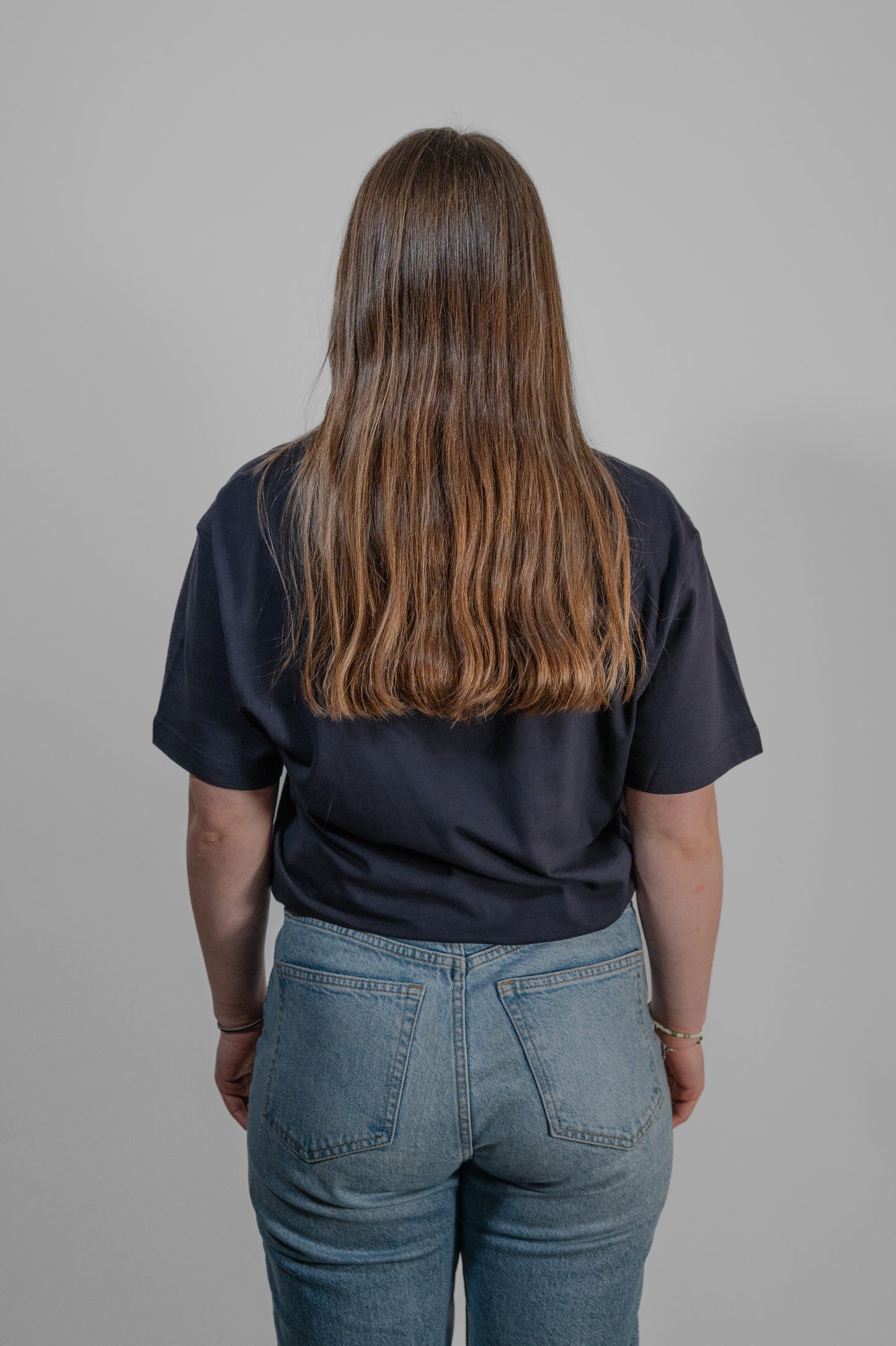 navy T-shirt with white embroidery